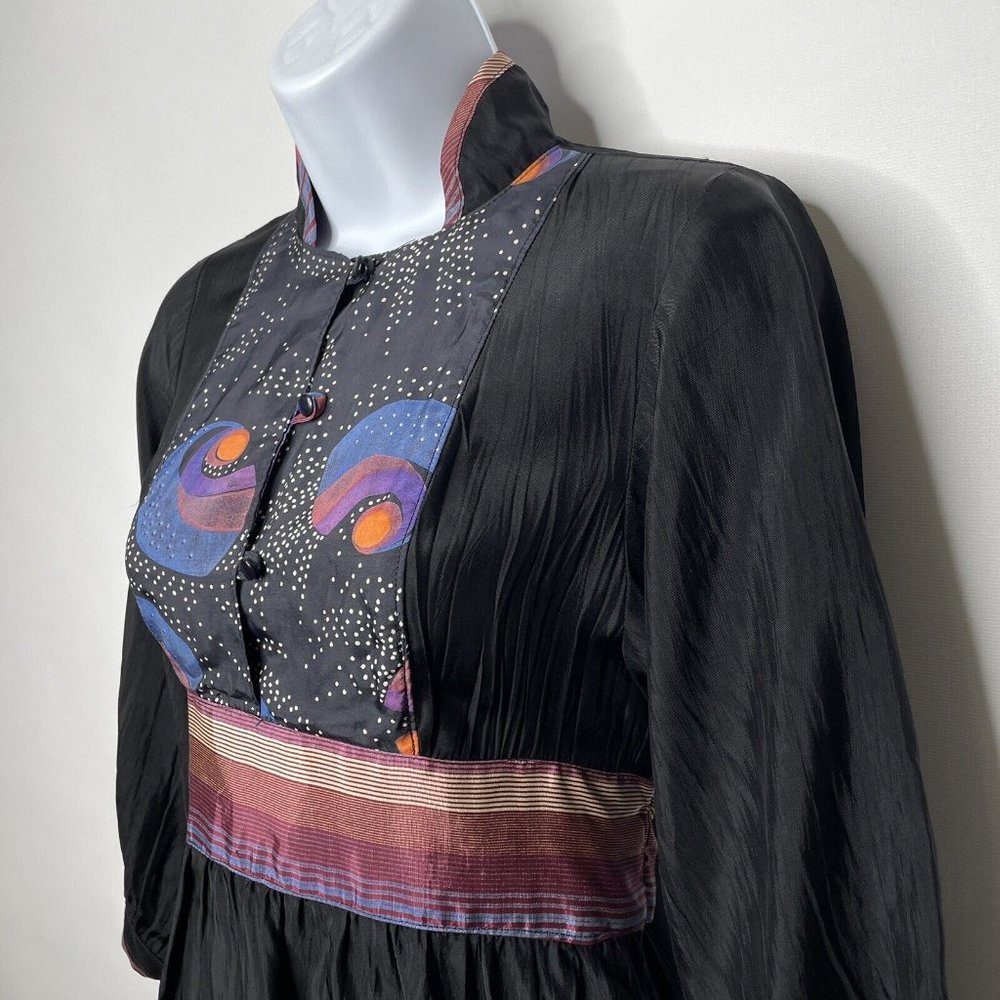 Vintage 70s Sharon's World Black Satin Balloon Sleeve Peasant Blouse Top - Picture 6 of 8